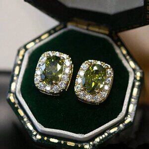 18K Gold Mens 1ct Diamond 2ct Green Peridot Gemstone Stud Earrings New Jewelry